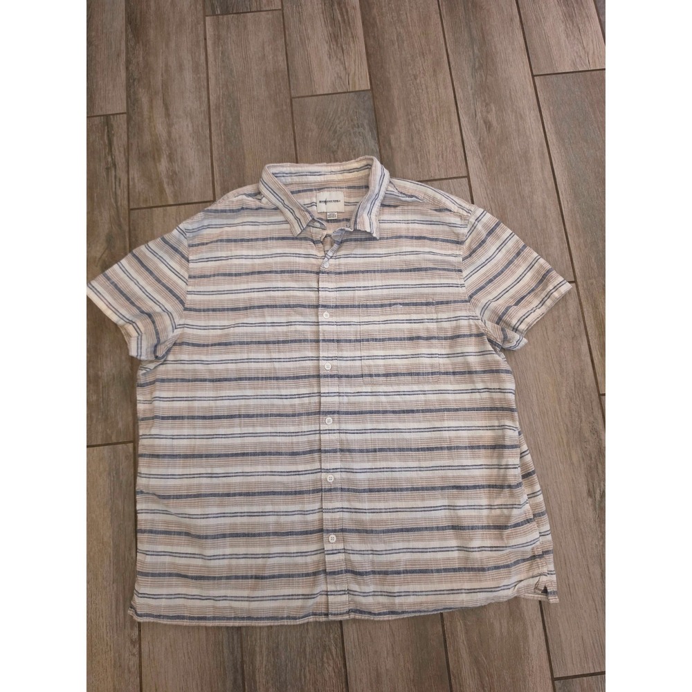 American Eagle Mens XXL Short Sleeve Striped Button Down Shirt Blue Tan Cotton